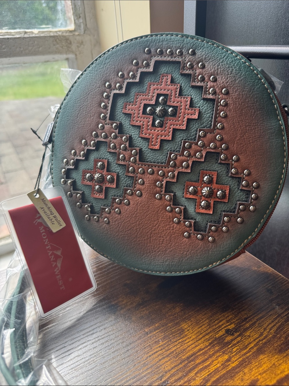 Montana West Teal & Rust Round Crossbody with Studded Southwestern Motif nwt